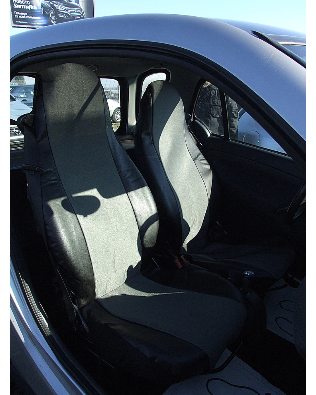 1+1 Калъфи за предни седалки, тапицерия за автомобил Smart Fortwo Смарт Форту, текстил и еко кожа, сиво-черно