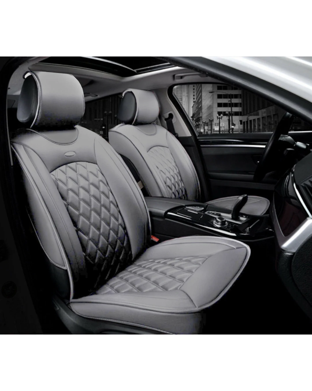 1+1 Комплект от 2 бр. Универсална Кожена Тапицерия Сиви Калъфи За Предни Седалки Сиво