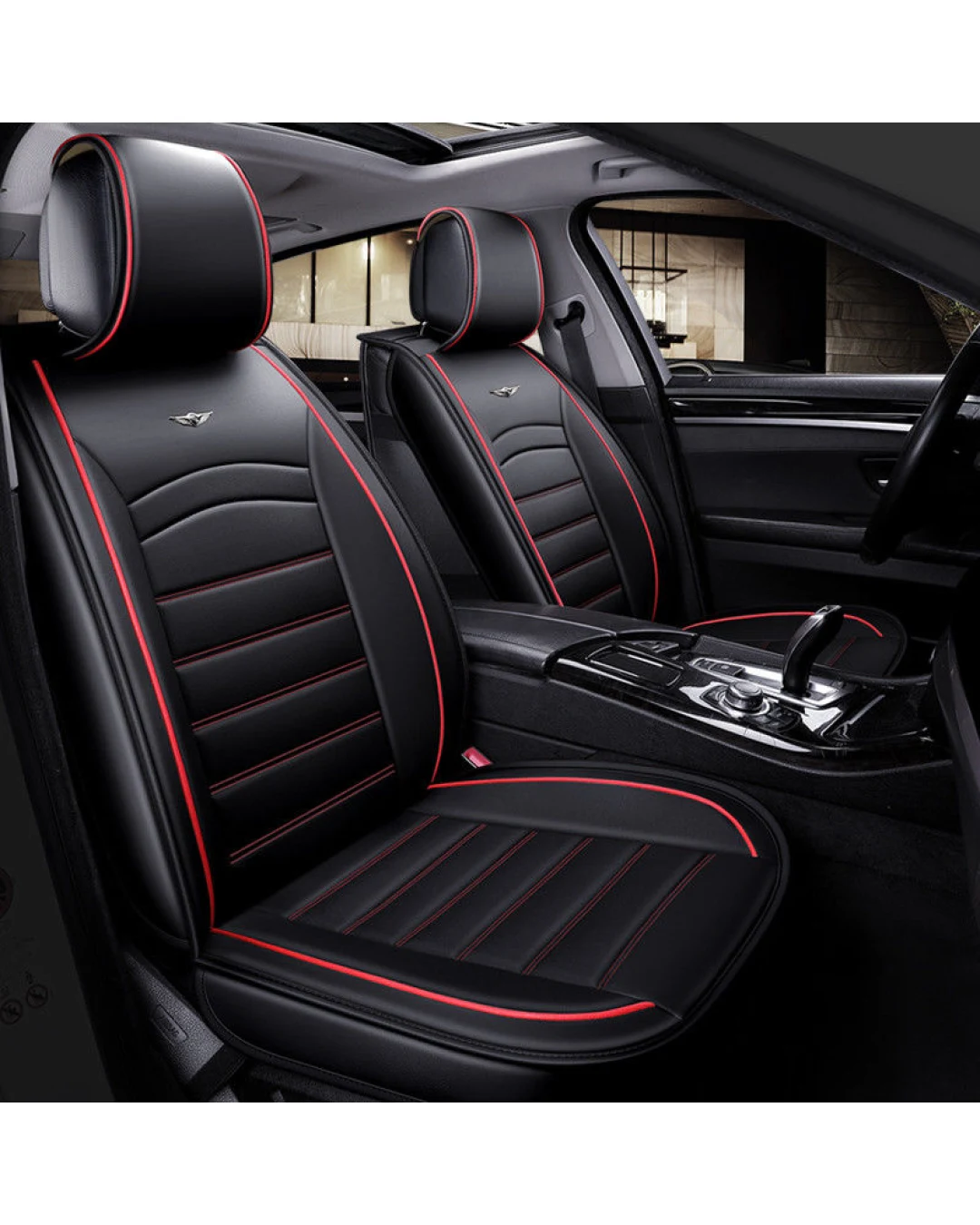 1+1 Комплект от 2 броя Универсална Кожена Тапицерия Калъфи за предни седалки Черно и Червено