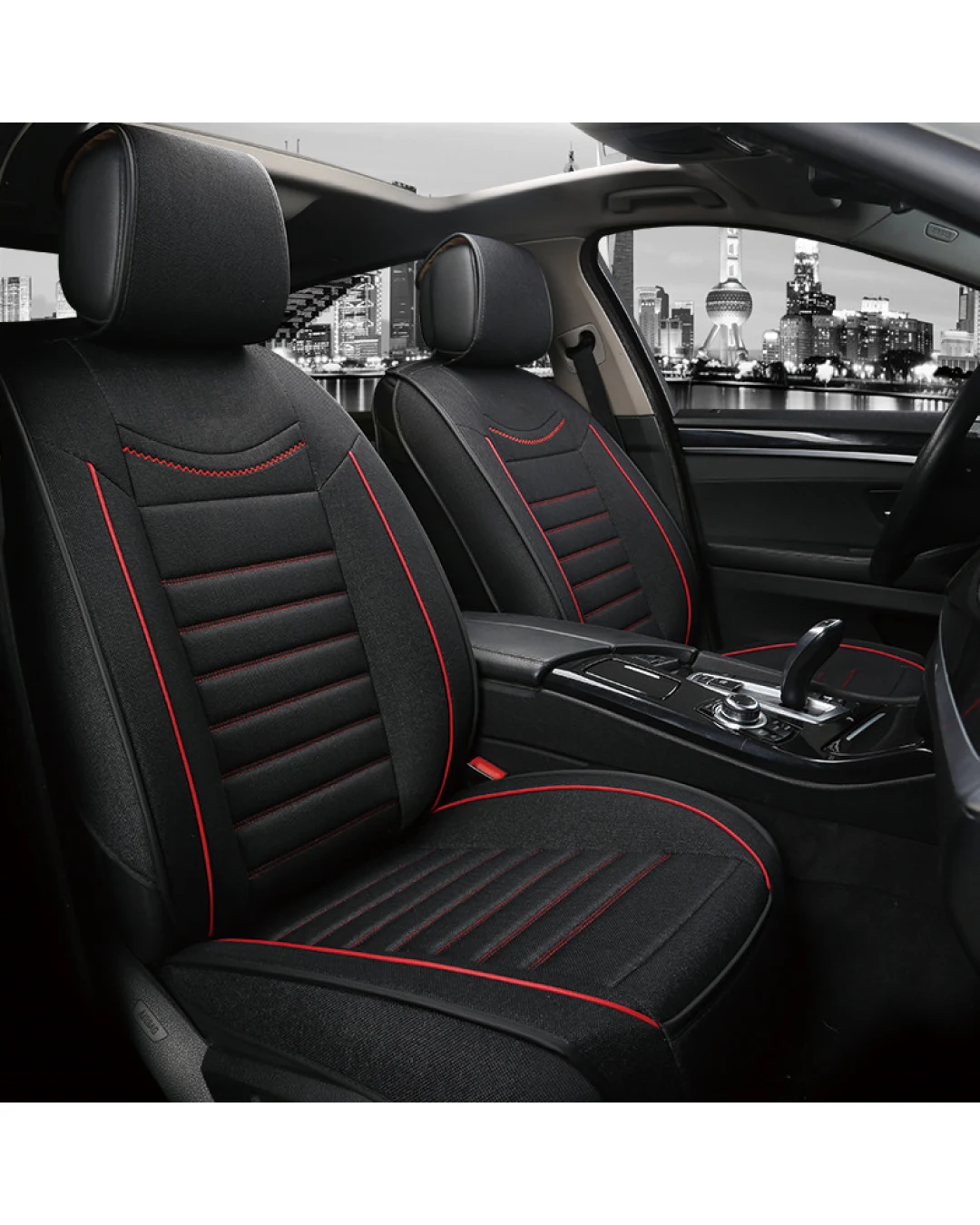 1+1 Комплект от 2 броя Универсална Тапицерия Калъфи За Предни Седалки Черна с Червен Шев Текстил