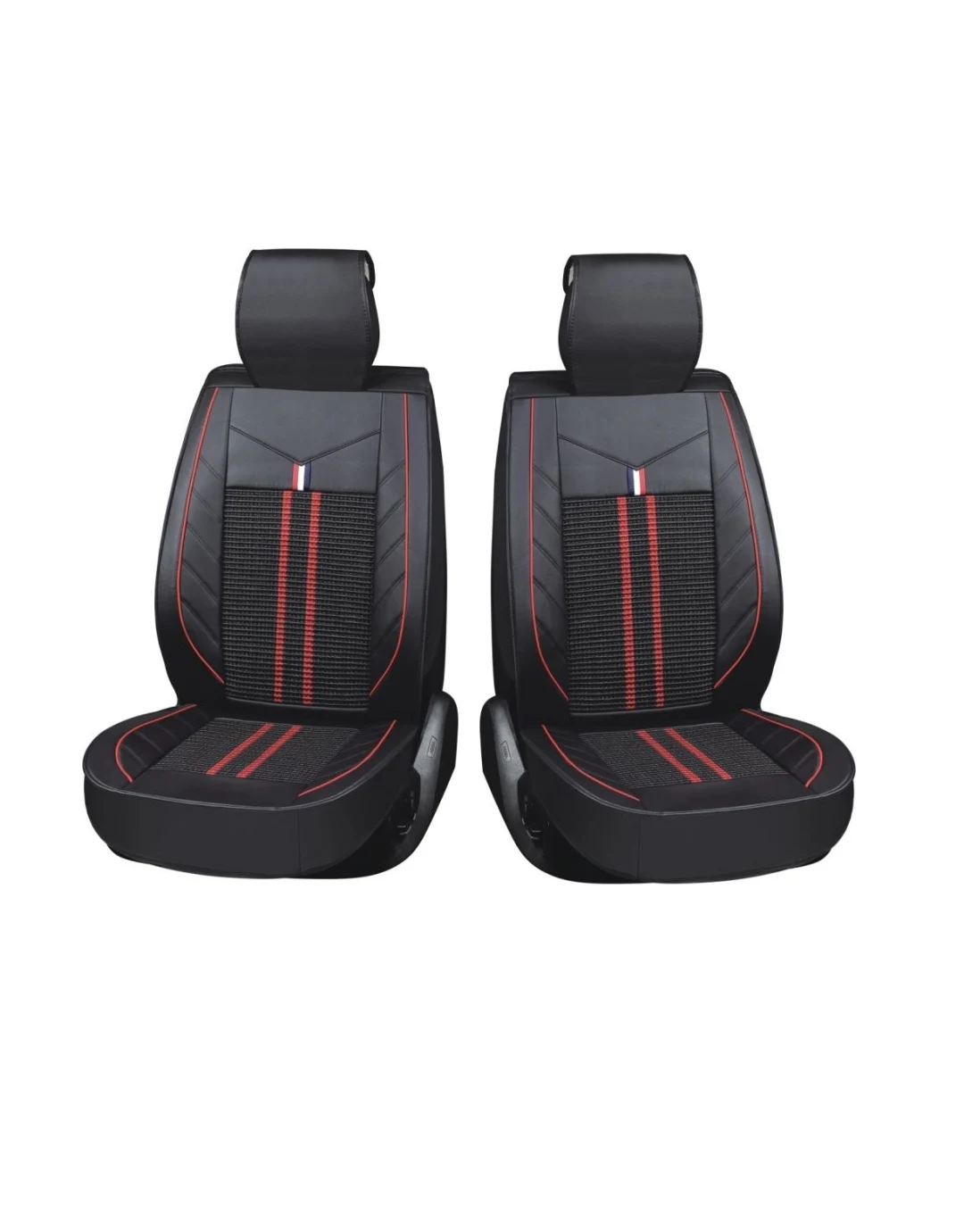 1+1 Комплект от 2 броя Универсална Тапицерия Кожа И Плат Калъфи за Предни Седалки Черно С Червена Бродерия Лукс