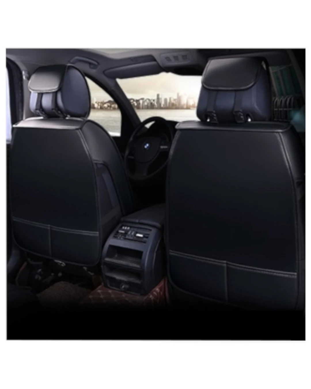 1+1 Универсална Кожена Тапицерия Калъфи за Предни Седалки Черно с Бял Кант