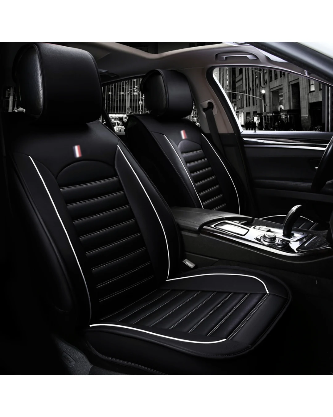 1+1 Универсална Кожена Тапицерия Калъфи за Предни Седалки Черно с Бял Кант