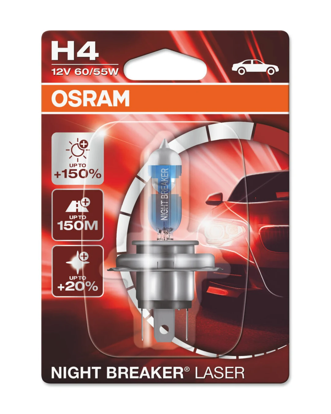1 брой Халогенна крушка за фар Osram H4 Night Breaker Laser Next Gen +150%,60/55W, 12V, P43T, Блистер