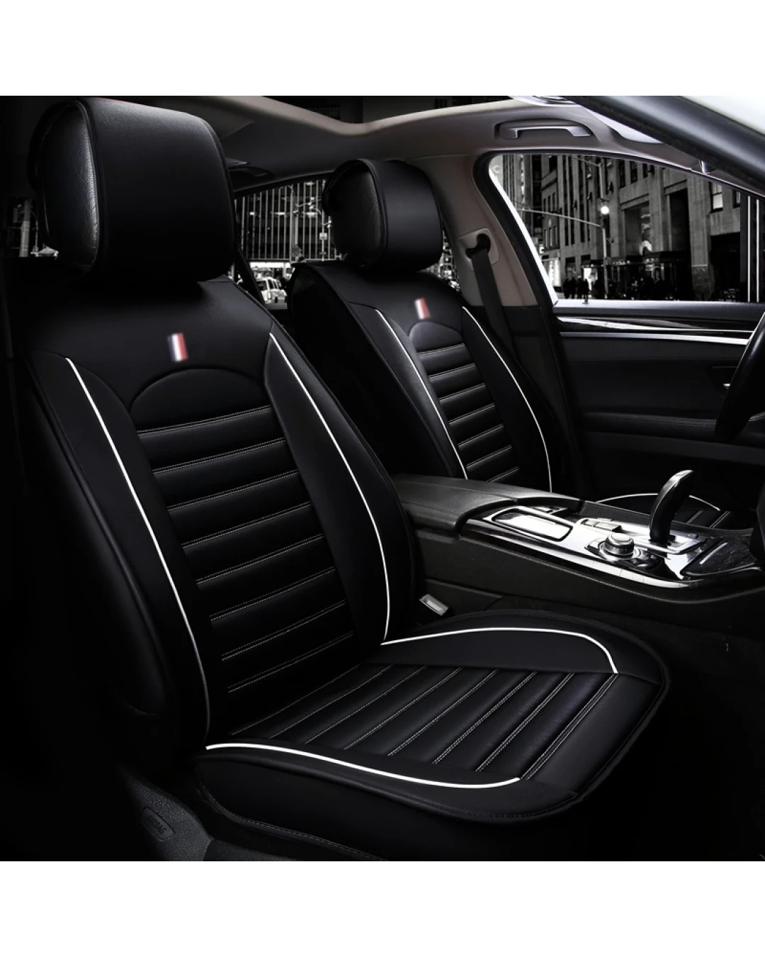 1 Брой Калъф За Седалка Универсална Кожена Тапицерия Черно с Бял Кант