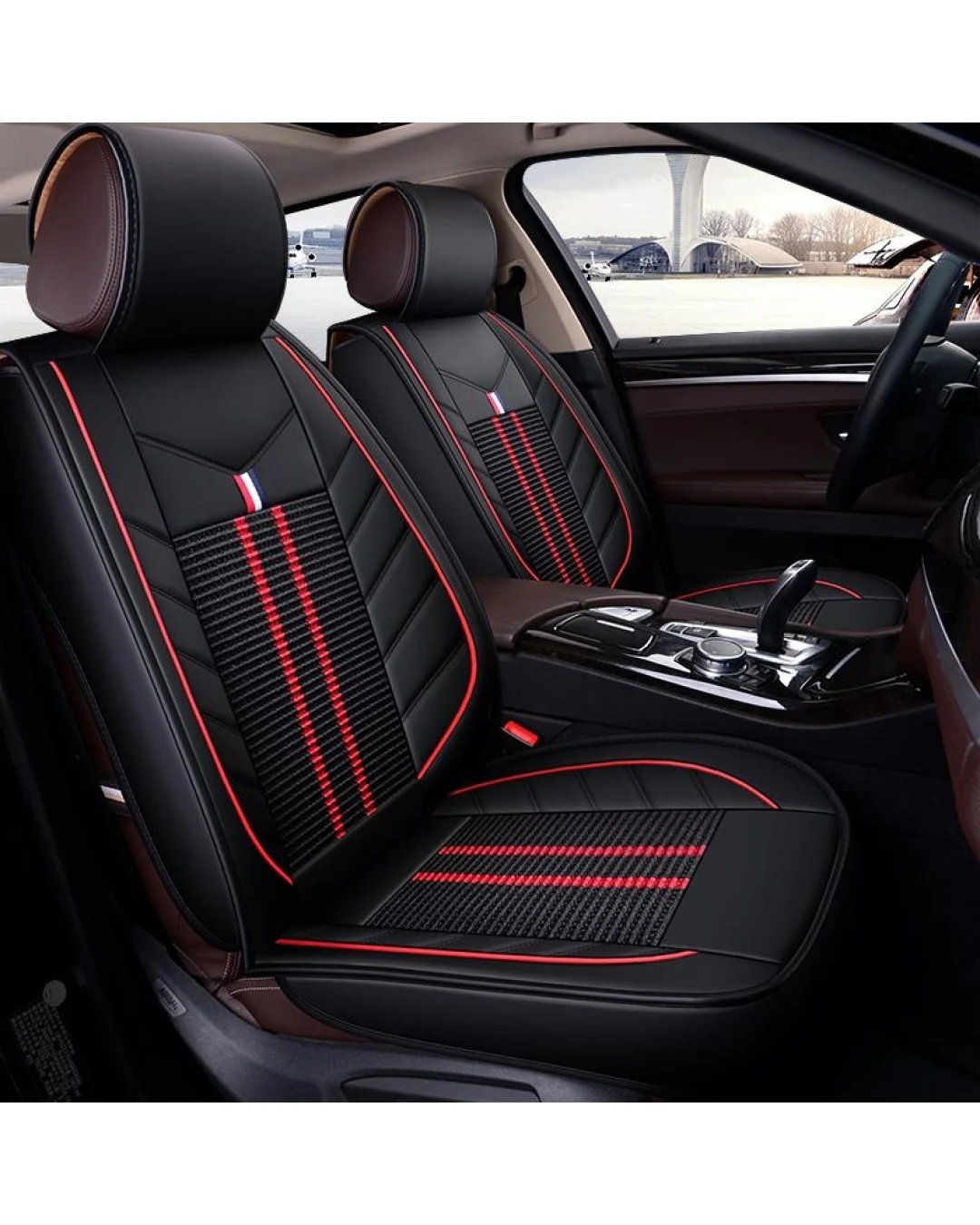 1 Брой Калъф за Седалка Универсална Тапицерия Кожа И Плат Черно С Червена Бродерия Лукс