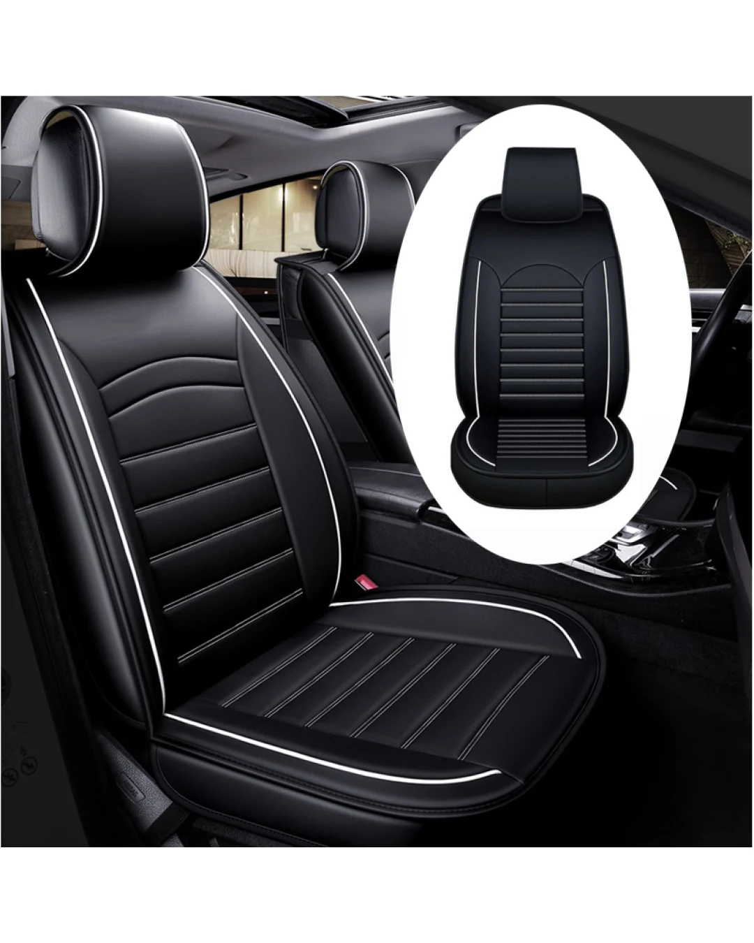 1 Брой Универсална Кожена Тапицерия, Калъф За Една Предна Седалка, Еко Кожа, Черна с Бял Кант и Шевове