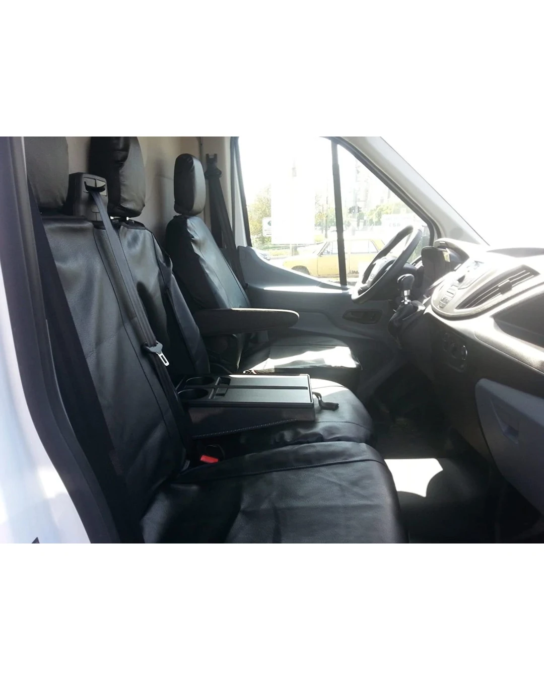 2+1 комплект калъфи / тапицерия от ЕКО кожа - специално ушити за Ford Transit 2013+ - пасват перфектно - с отвор за барчето на двойната седалка - черно