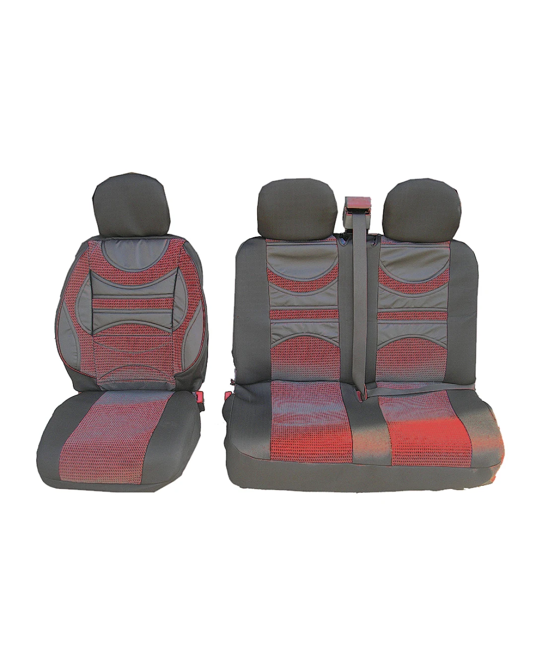 2+1 комплект универсални калъфи / тапицерия  Premium 1  за бус с опора в лумбалната област - еко кожа и текстил - ЧЕРВЕНО-ЧЕРНО