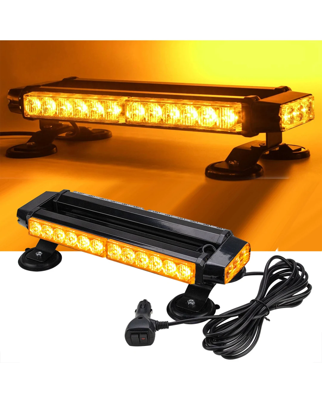 30 LED Двустранна Аварийна Сигнална Лампа Блиц Маяк с Магнити За Пътна Помощ Платформа Снегорин 12-24V със 7 режима на работа Жълта 39.5 cm.