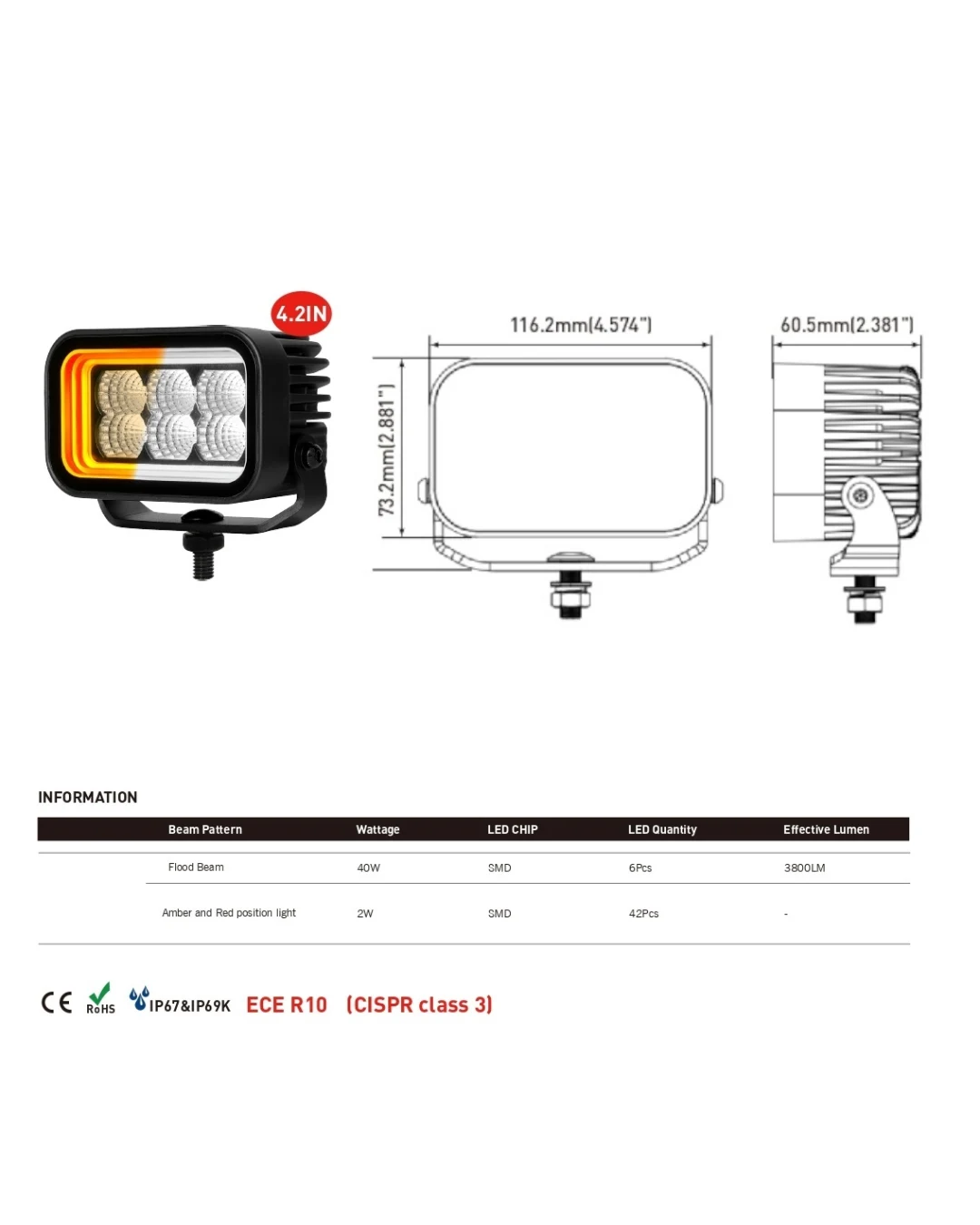 42W LED Халоген Бял, Разпръсната светлина с жълта и червена DRL светлина 12V-24V