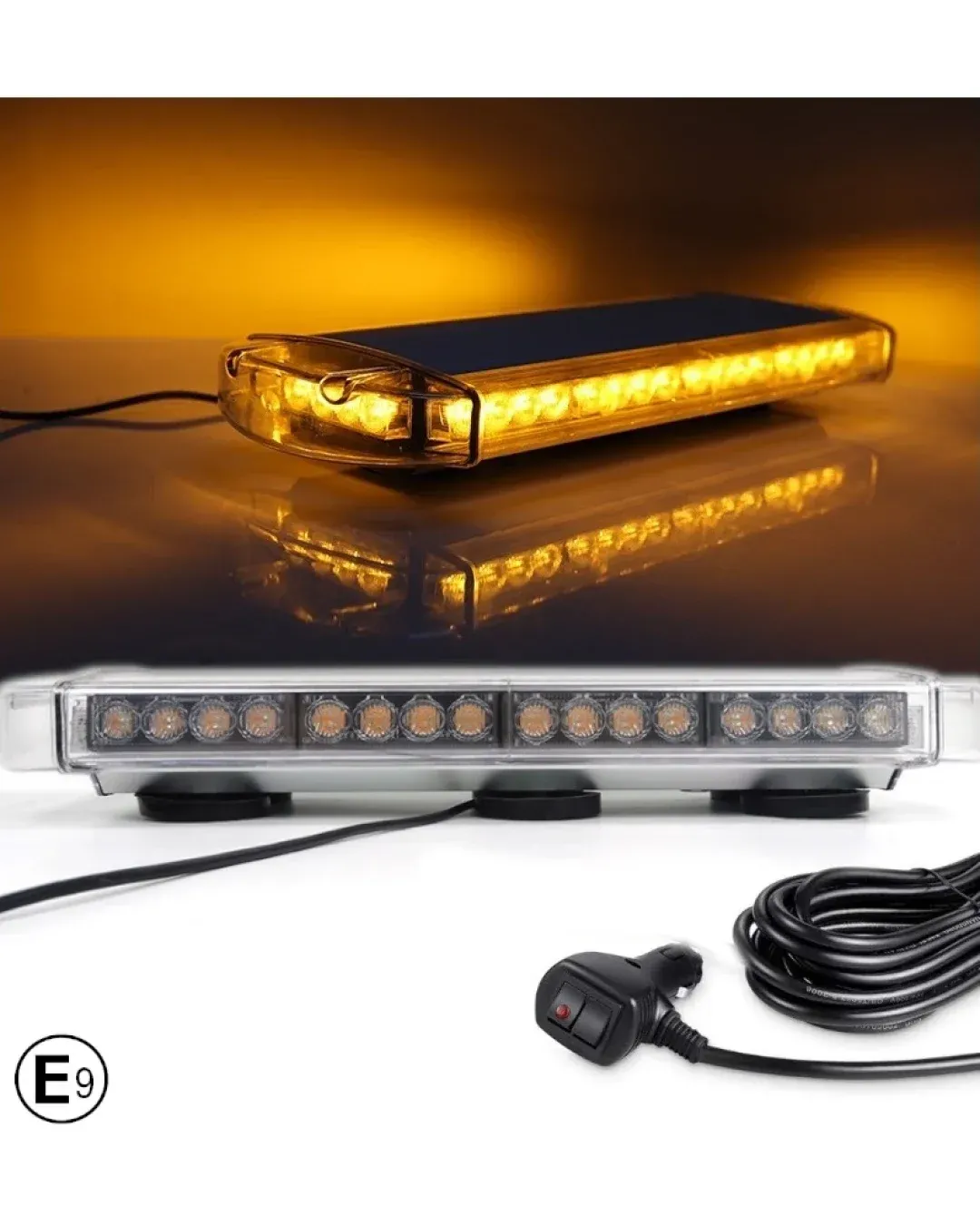 55 см 40 LED аварийна диодна сигнална лампа блиц с магнити 12-24V 10 режима на работа жълта оранжева светлина E-Mark Е9 за пътна помощ платформа снегорин багер и др.