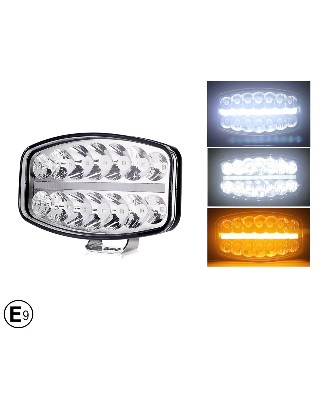 80W LED Лед Фар Халоген с DRL дневни светлини габарит бяло - оранжево неон ефект 24,5см x 13,9см, 4100lm, 12V - 24V, E-Mark Подходящ За DAF MAN Scania Volvo и др.
