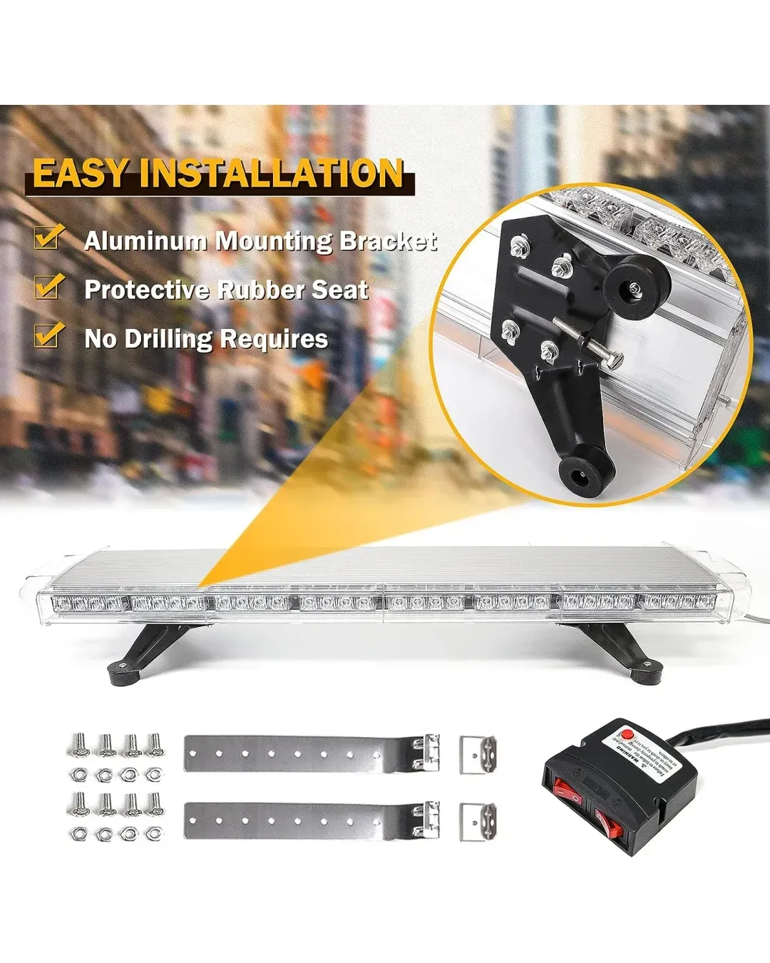 96.5 см 72 LED ЛЕД 72W мощна аварийна диодна сигнална лампа блиц 12-24V 15 режима на работа жълта оранжева светлина E-Mark Е9 за пътна помощ платформа снегорин багер и др.