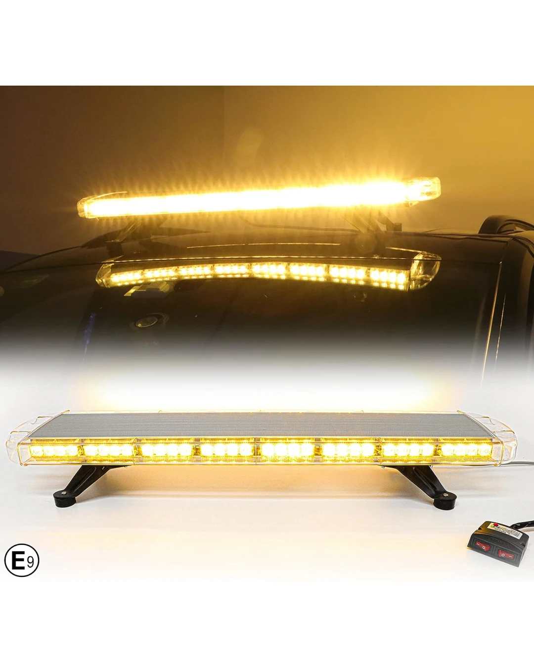 96.5 см 72 LED ЛЕД 72W мощна аварийна диодна сигнална лампа блиц 12-24V 15 режима на работа жълта оранжева светлина E-Mark Е9 за пътна помощ платформа снегорин багер и др.