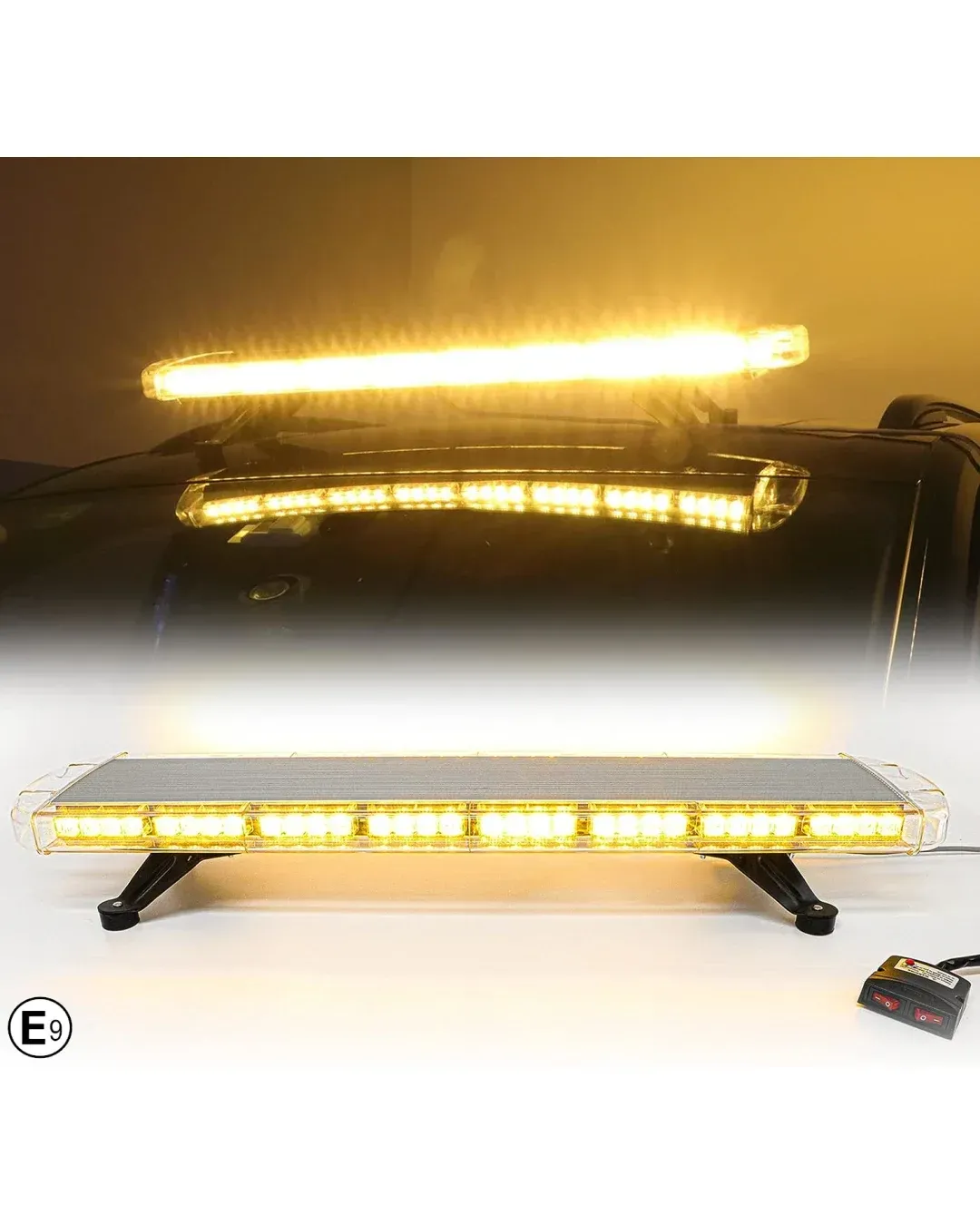 96.5 см 72 LED ЛЕД 72W мощна аварийна диодна сигнална лампа блиц 12-24V 15 режима на работа жълта оранжева светлина E-Mark Е9 за пътна помощ платформа снегорин багер и др.