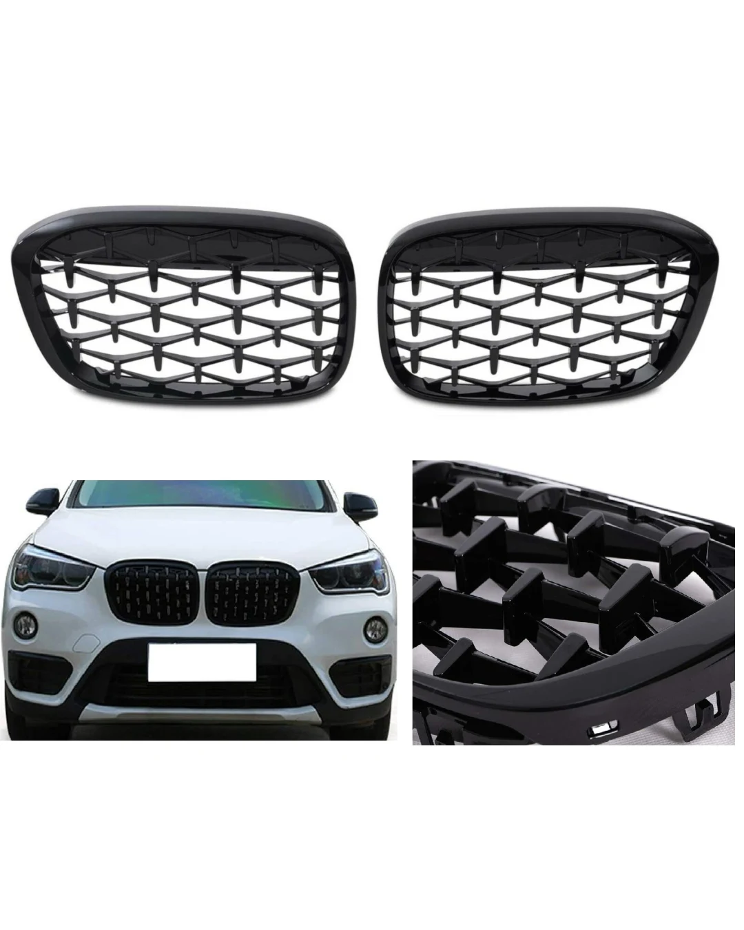 Бъбреци Решетки за БМВ BMW X1 F48 2015-2019 Diamond Meteor Style Черен Гланц