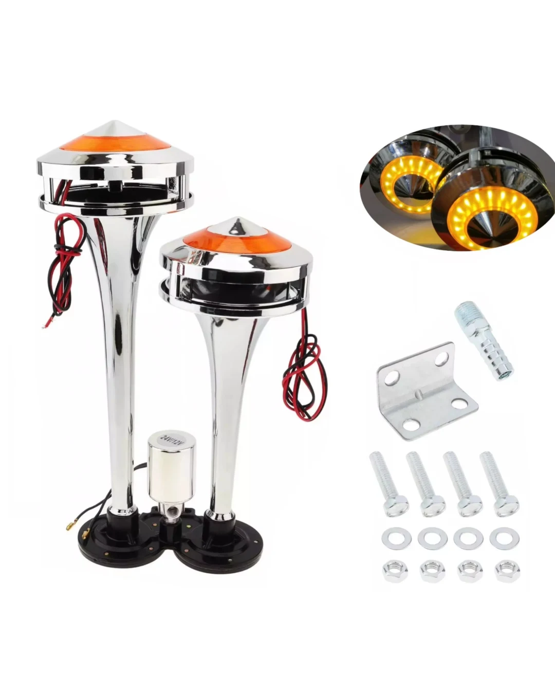 Двойна Тромба клаксон с жълта LED светлина, 300 dB – 12V / 24V