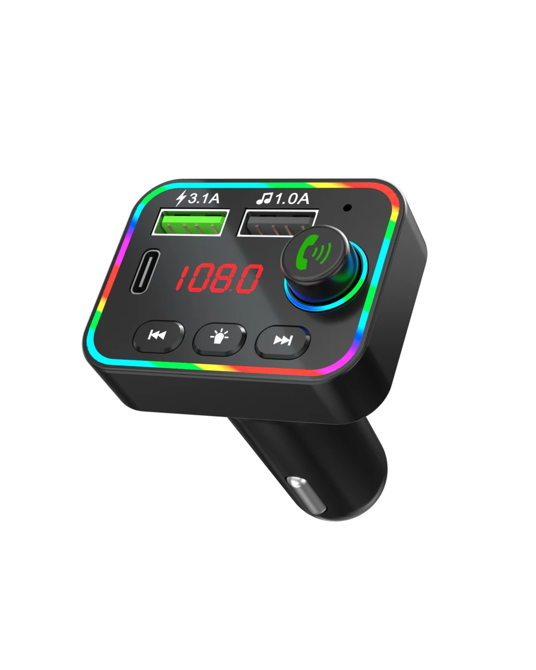 FM радио трансмитер зарядно телефон HZ-BT-F4, 87.5 MHz до 108.0 MHz Bluetooth 2x USB черен с подсветка 12V - 24V