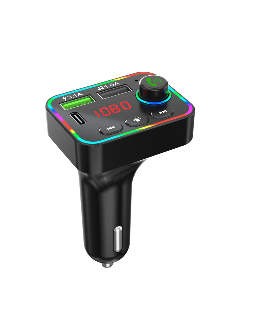 FM радио трансмитер зарядно телефон HZ-BT-F4, 87.5 MHz до 108.0 MHz Bluetooth 2x USB черен с подсветка 12V - 24V