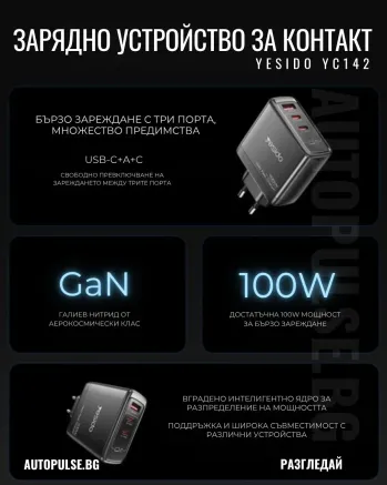 Зарядно устройство YESIDO YC142 100W с три порта