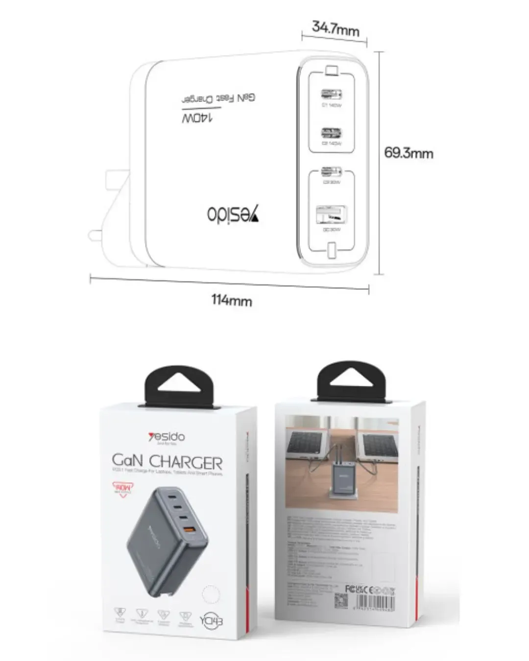 GaN Зарядно устройство YESIDO YC143EU 140W (2x USB-C 140W + 2x 30W)