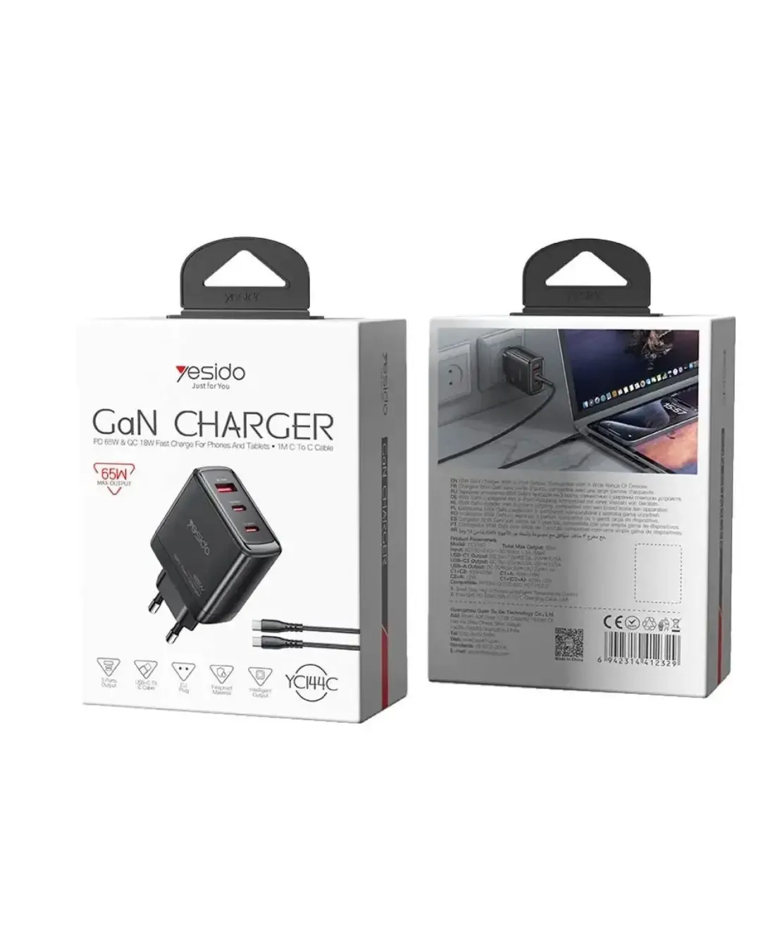 GaN Зарядно устройство YESIDO YC144C 65W (2x USB-C + 1x USB-A)