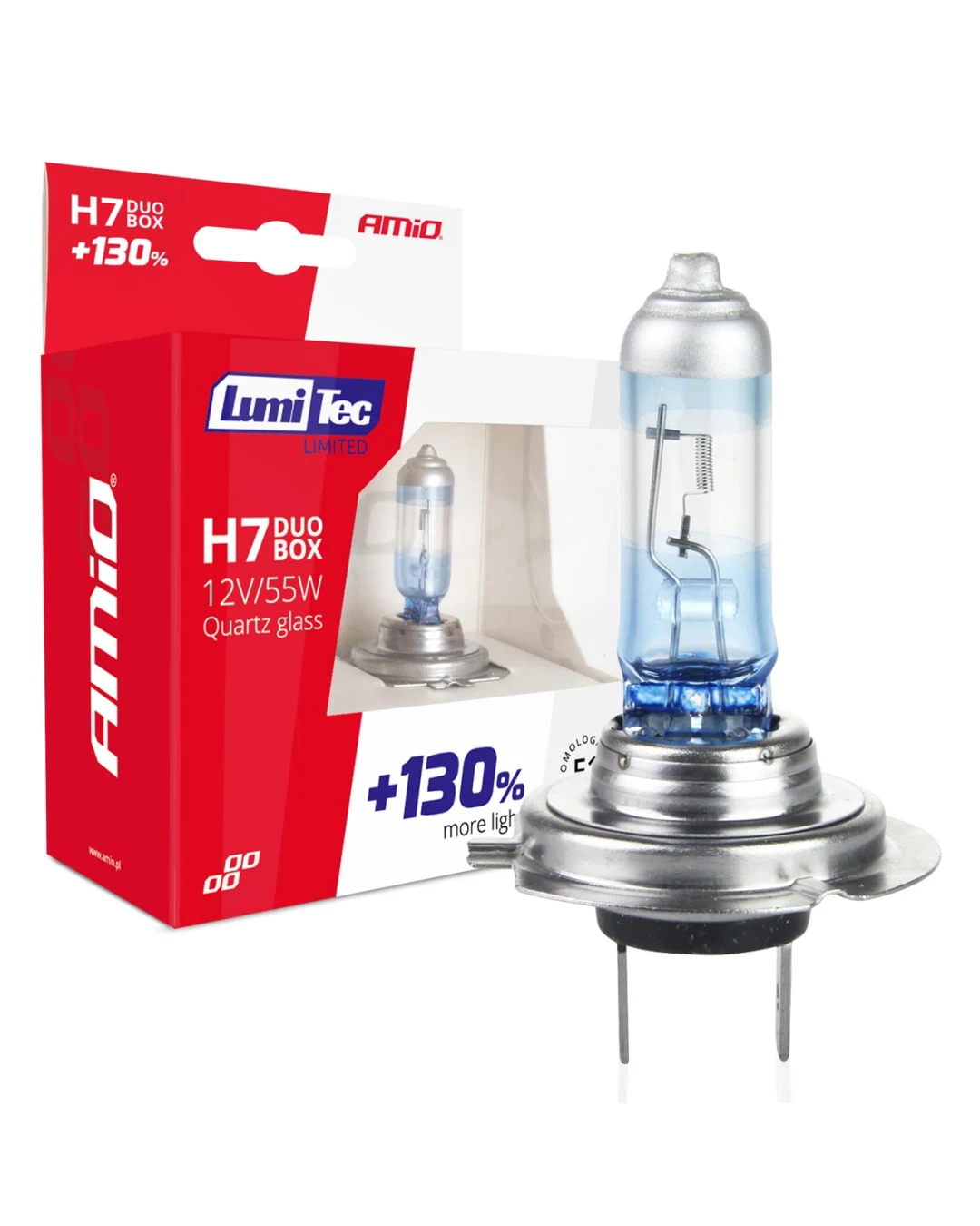 Халогенни Крушки H7 AMiO LumiTec Limited +130%, 12V, 55W, 4300K, E1, Комплект 2 Броя
