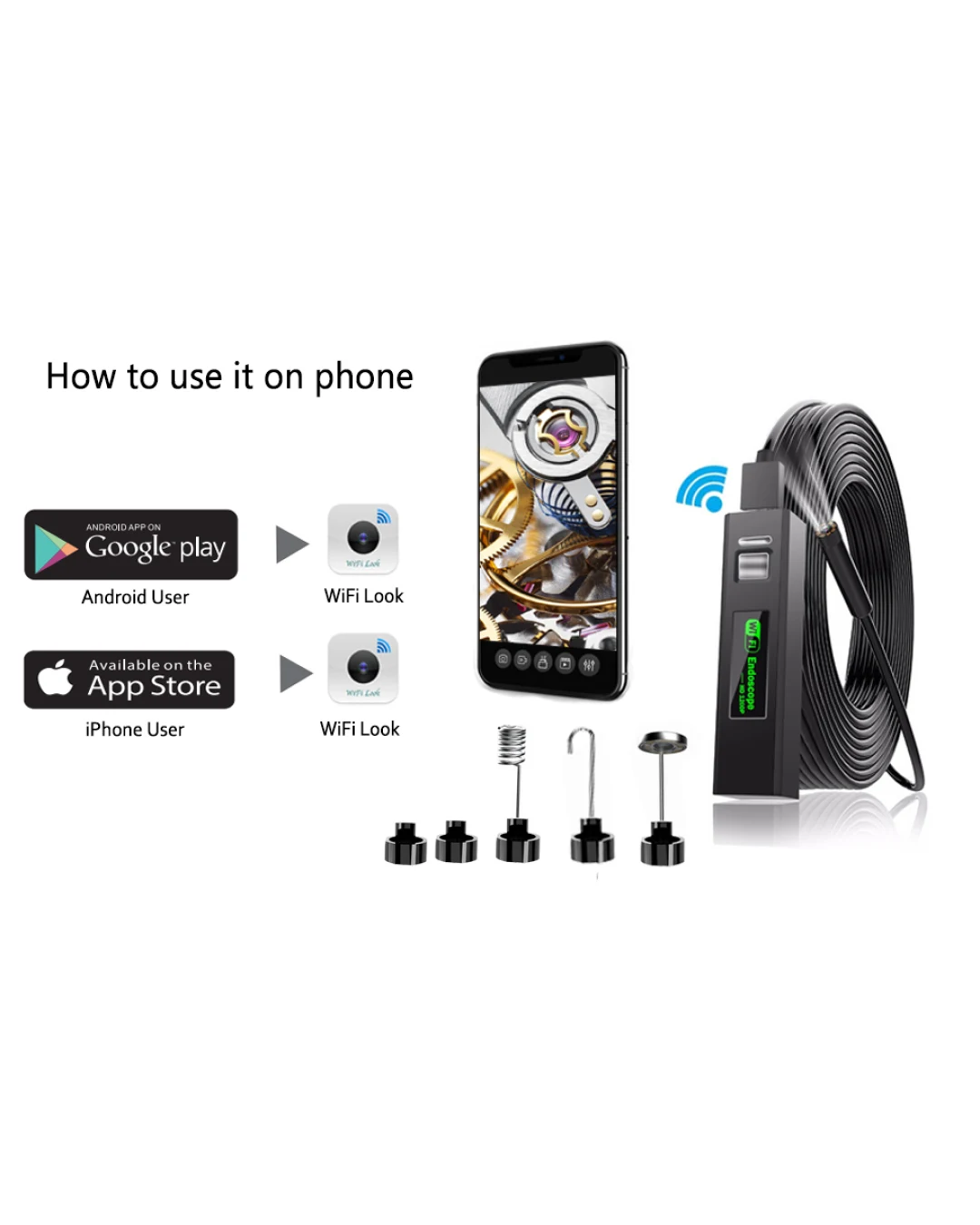 HD WIFI Безжичен ендоскоп камера за телефон съвместим с iOS и Android 720p 5м кабел