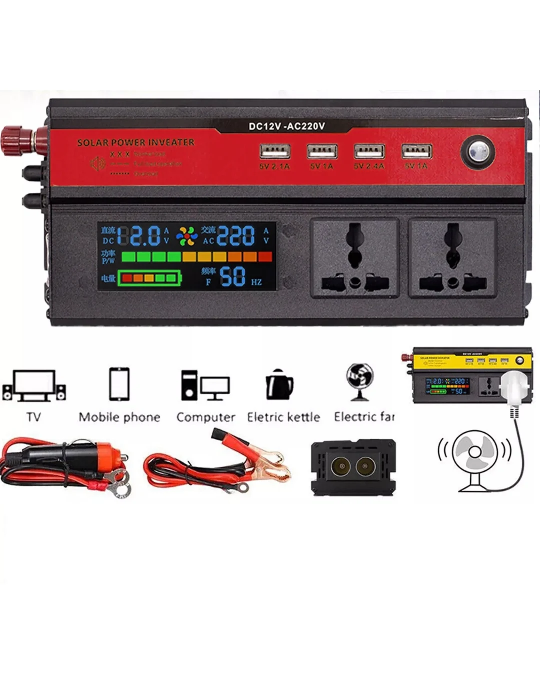 Инвертор преобразувател 12V към 220V с цифров дисплей, пикова мощност 5000W / реална 1200W