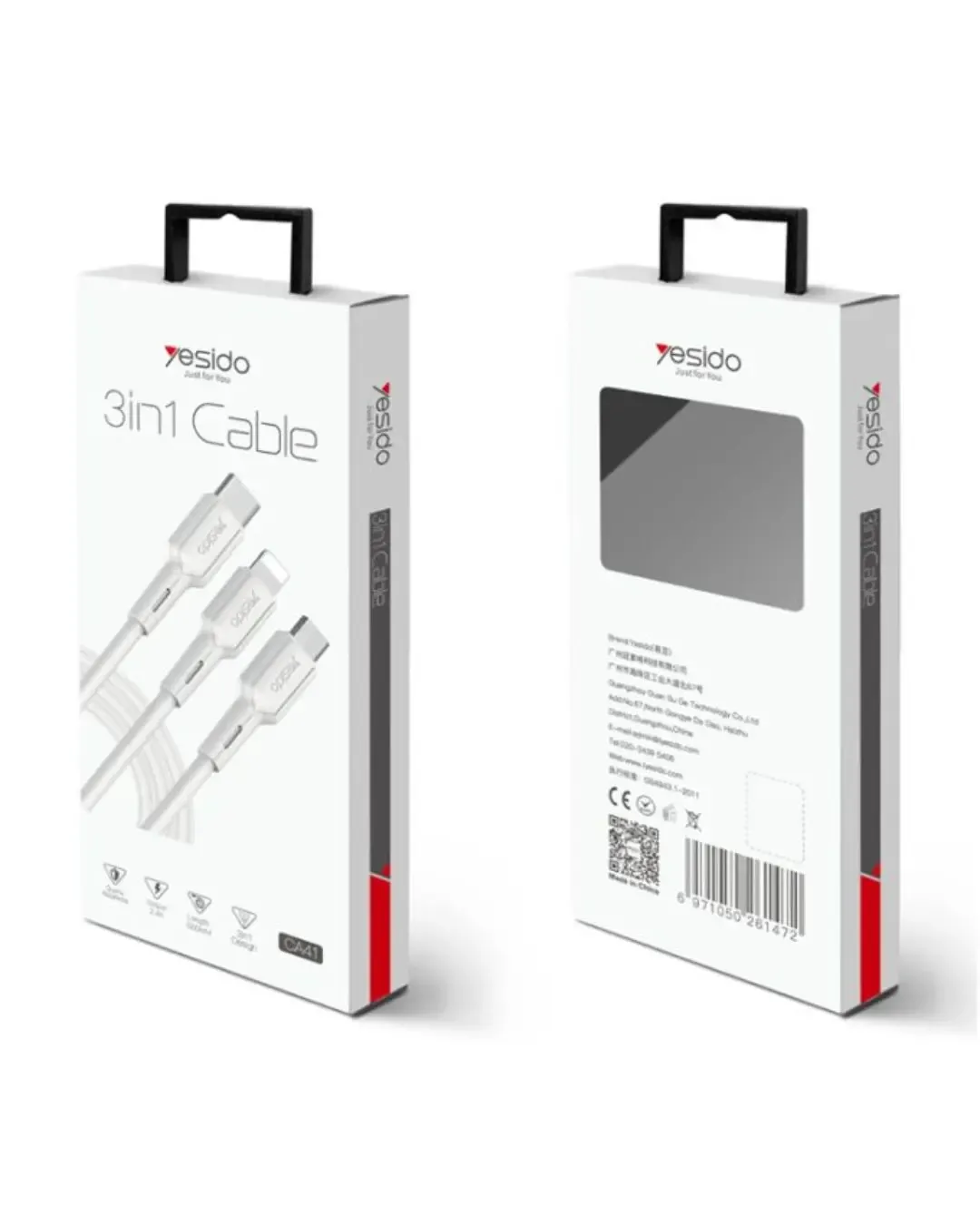 Кабел за Телефон 3 в 1 YESIDO CA41 (iPhone, USB-C, Micro USB) 1м