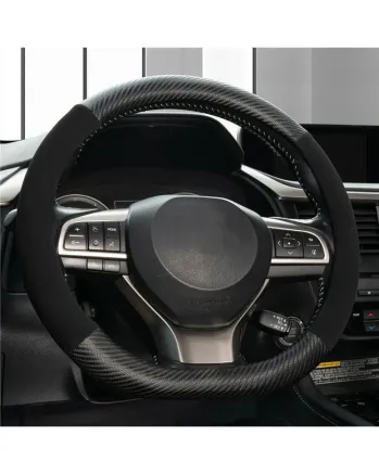 Калъф за волан скосен d-shape от еко кожа и набук универсален черен карбон за автомобил 37-38cm