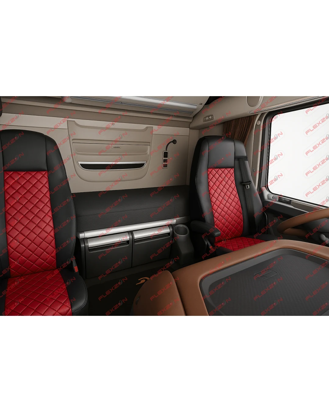 Комплект 1+1 тапицерия от еко кожа за DAF XF 106 2015-2021 - червено-черно