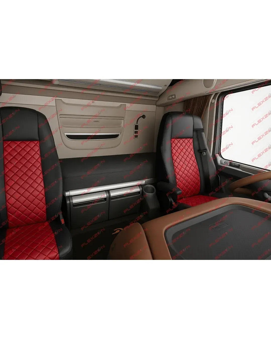 Комплект 1+1 тапицерия от еко кожа за DAF XF 106 2015-2021 - червено-черно
