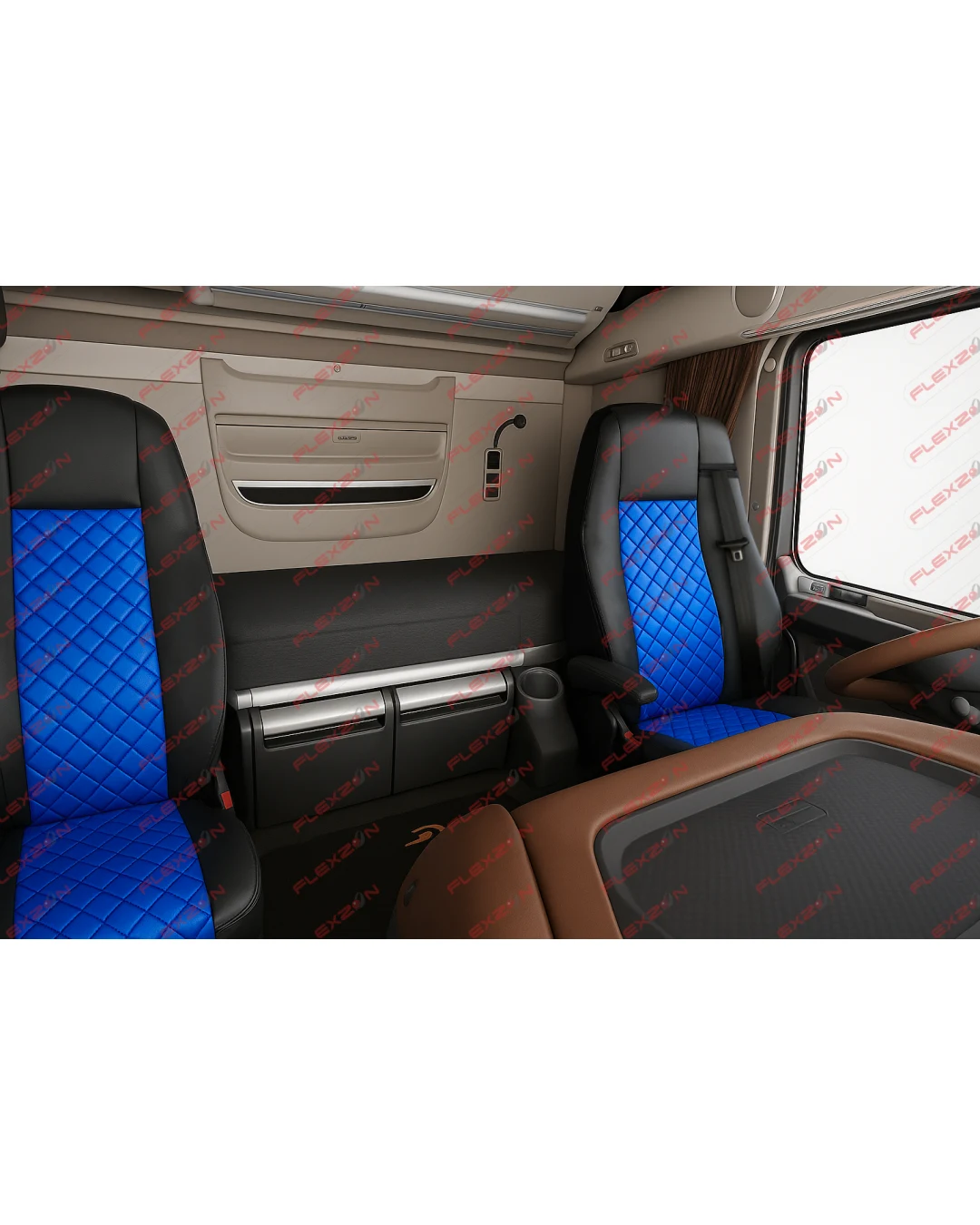 Комплект 1+1 тапицерия от еко кожа за DAF XF 106 2015-2021 - синьо-черно