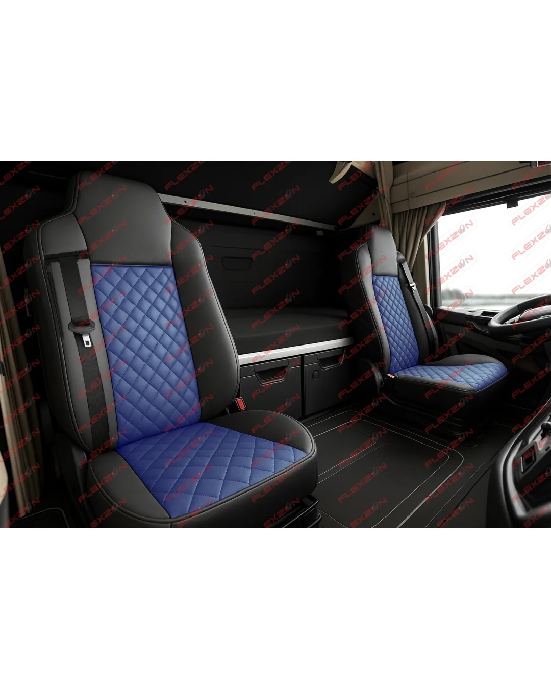 Комплект 1+1 тапицерия от еко кожа за MAN TGX 2015-2020 - синьо-черно