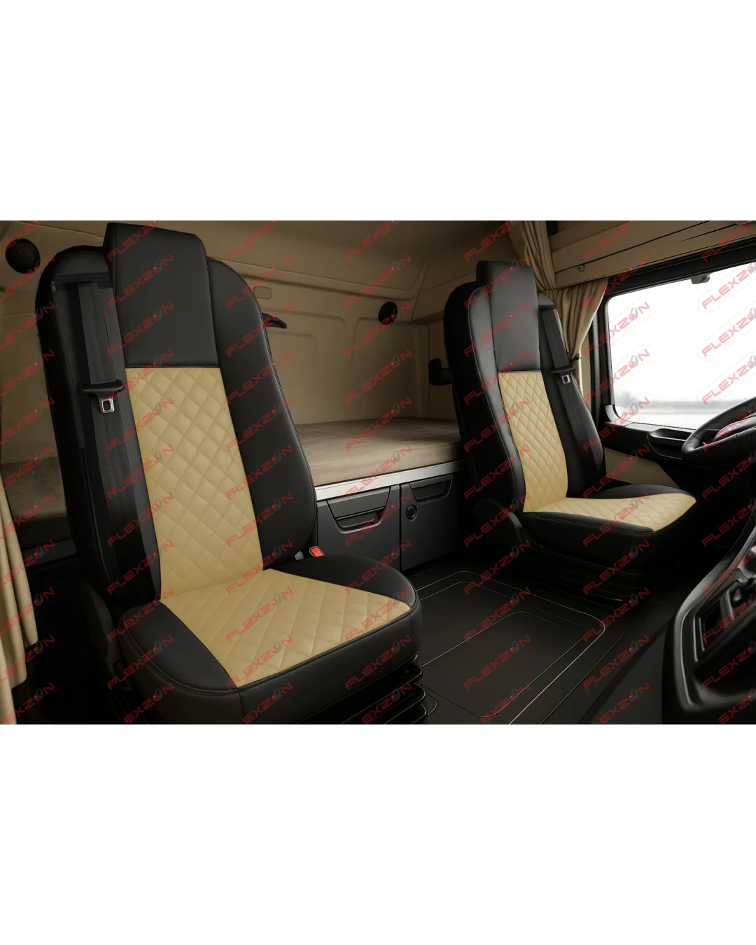 Комплект 1+1 тапицерия от еко кожа за MERCEDES ACTROS MP4 EURO 6 2015-2021 - бежово-черно