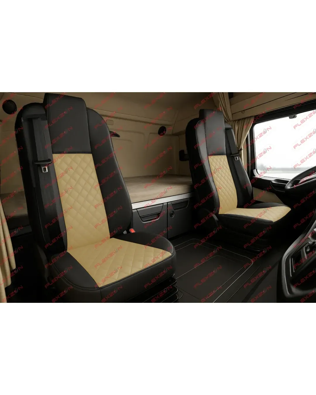 Комплект 1+1 тапицерия от еко кожа за MERCEDES ACTROS MP4 EURO 6 2015-2021 - бежово-черно
