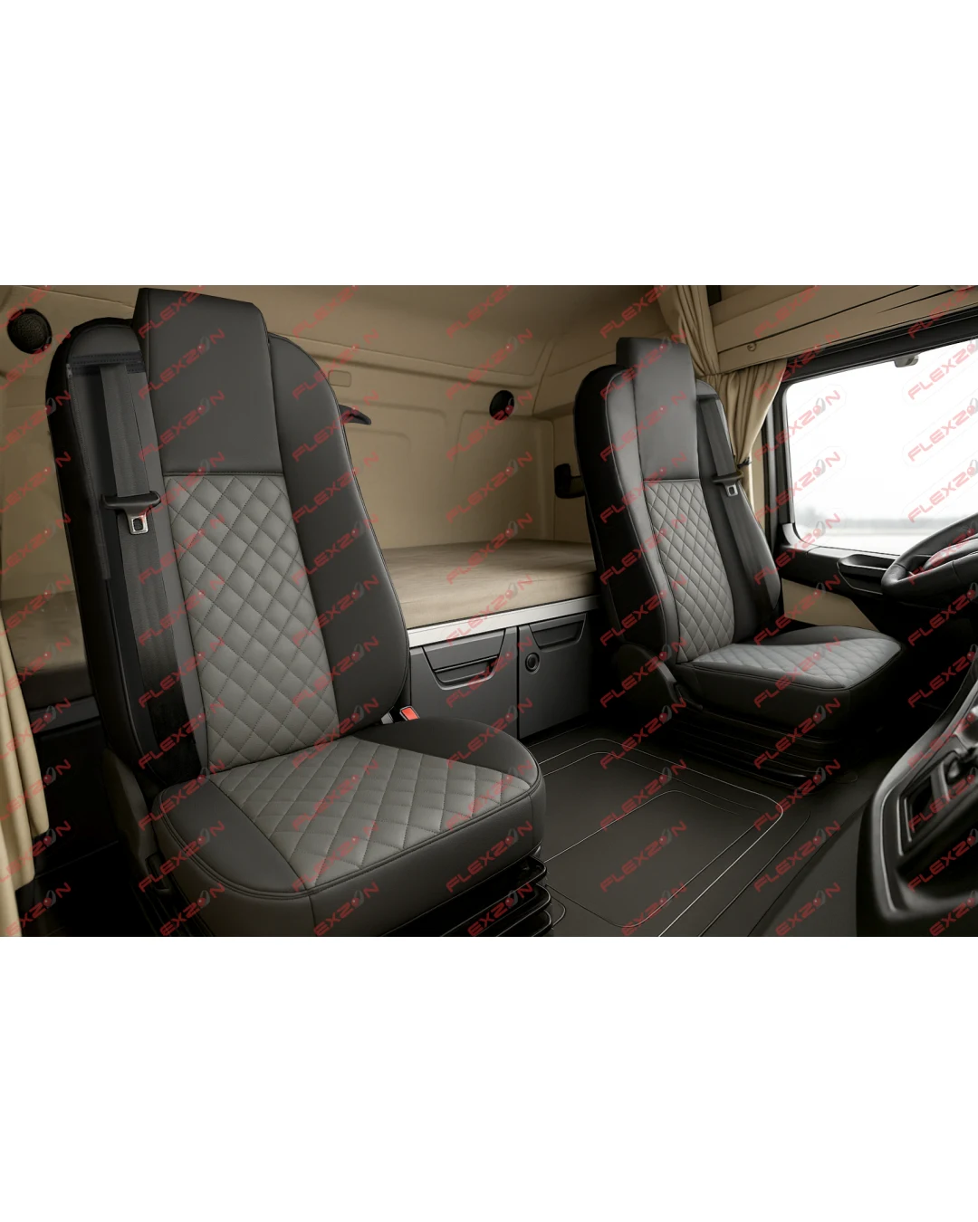 Комплект 1+1 тапицерия от еко кожа за MERCEDES ACTROS MP4 EURO 6 2015-2021 - сиво-черно