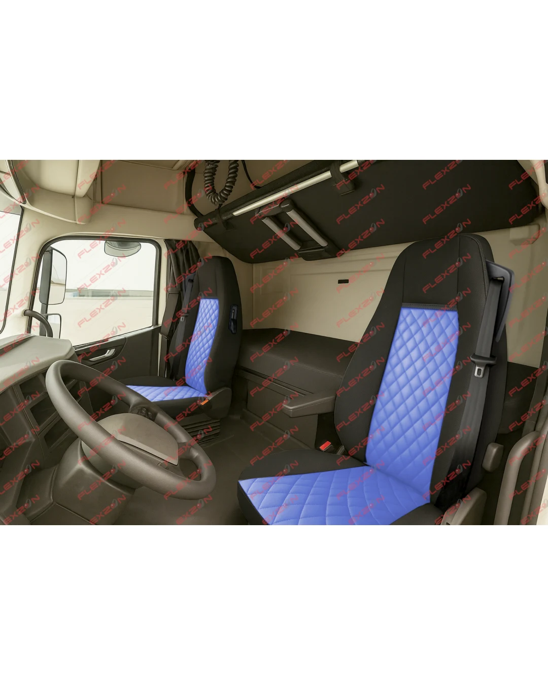 Комплект 1+1 тапицерия от еко кожа за VOLVO FH EURO 6 2016-2020 - синьо-черно