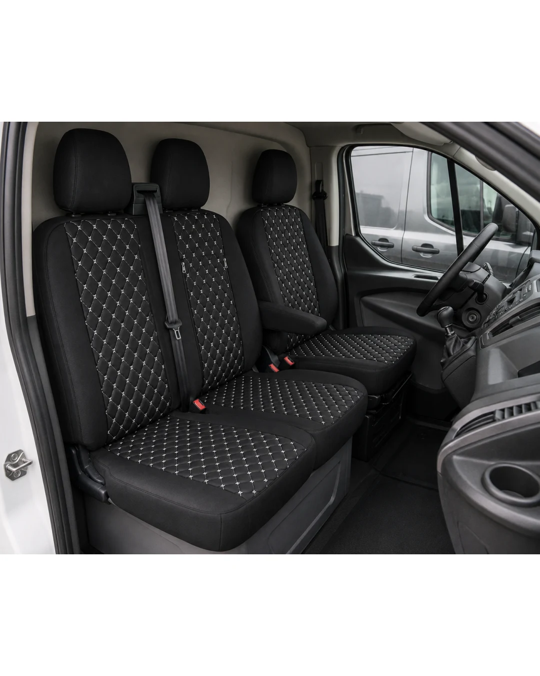 Комплект 2+1 Тапицерия за FORD TRANSIT CUSTOM 2009+ – Еко кожа, Черна с бял шев, 8 части