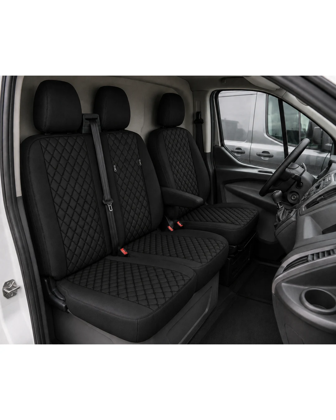 Комплект 2+1 Тапицерия за FORD TRANSIT CUSTOM 2009+ – Еко кожа, Черна с черен шев, 8 части