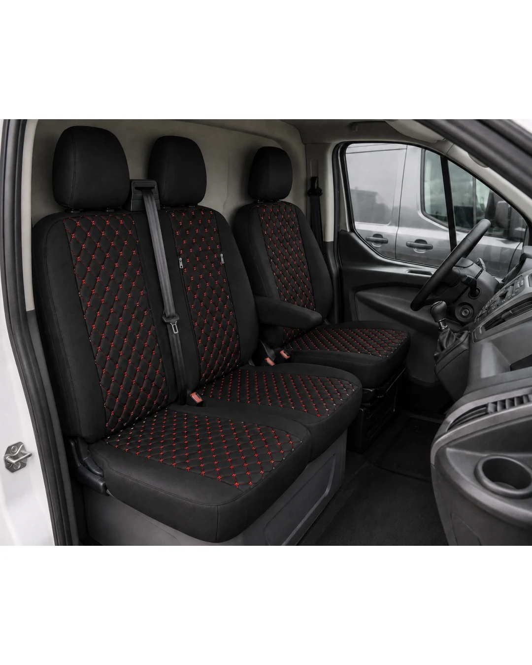 Комплект 2+1 Тапицерия за FORD TRANSIT CUSTOM 2009+ – Еко кожа, Черна с червен шев, 8 части