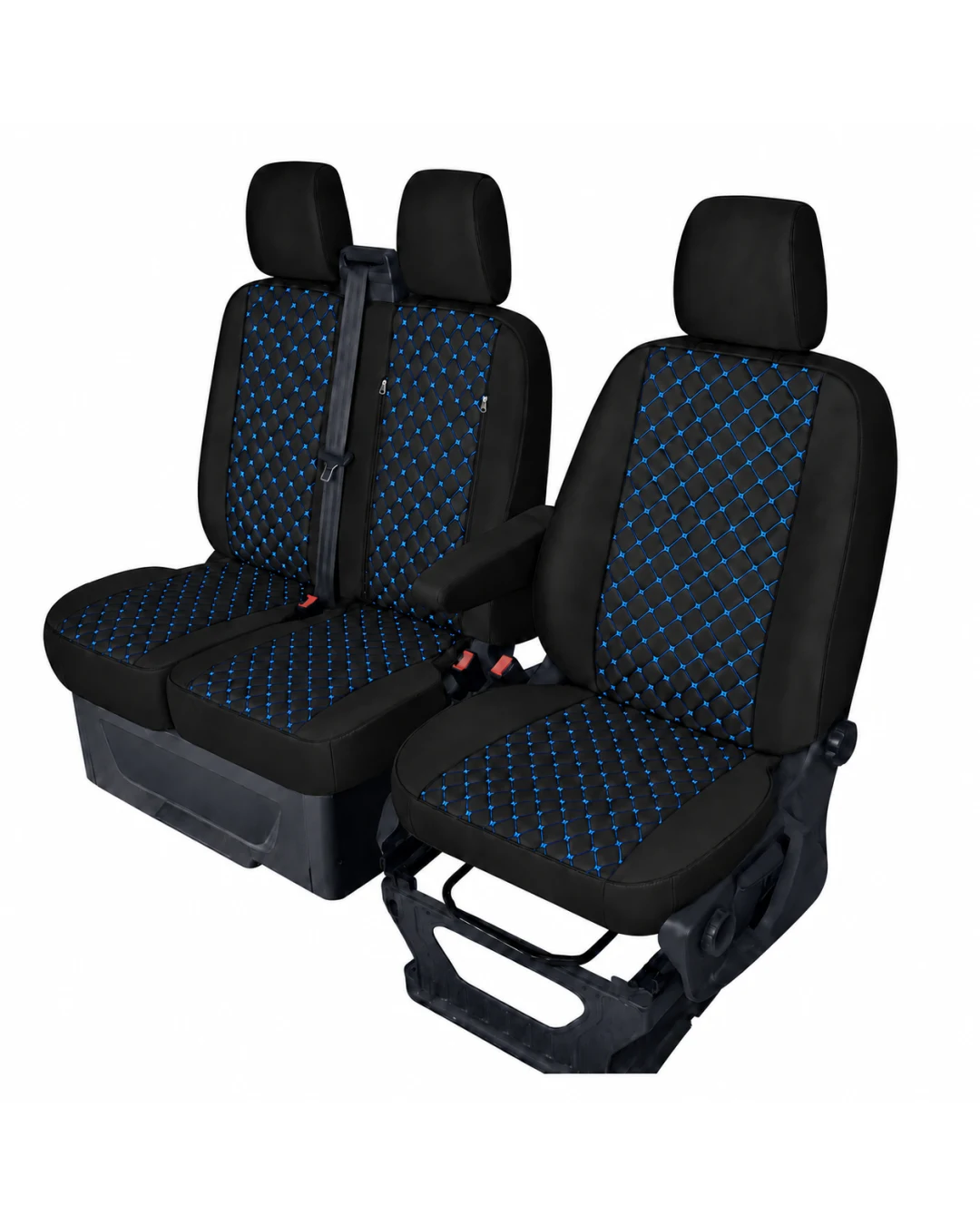 Комплект 2+1 Тапицерия за FORD TRANSIT CUSTOM 2009+ – Еко кожа, Черна със син шев, 8 части