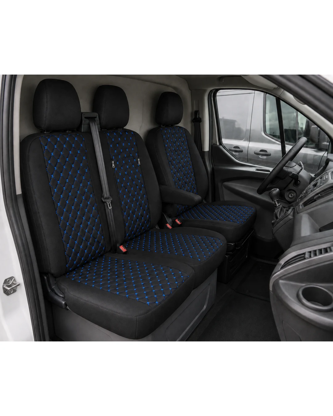 Комплект 2+1 Тапицерия за FORD TRANSIT CUSTOM 2009+ – Еко кожа, Черна със син шев, 8 части