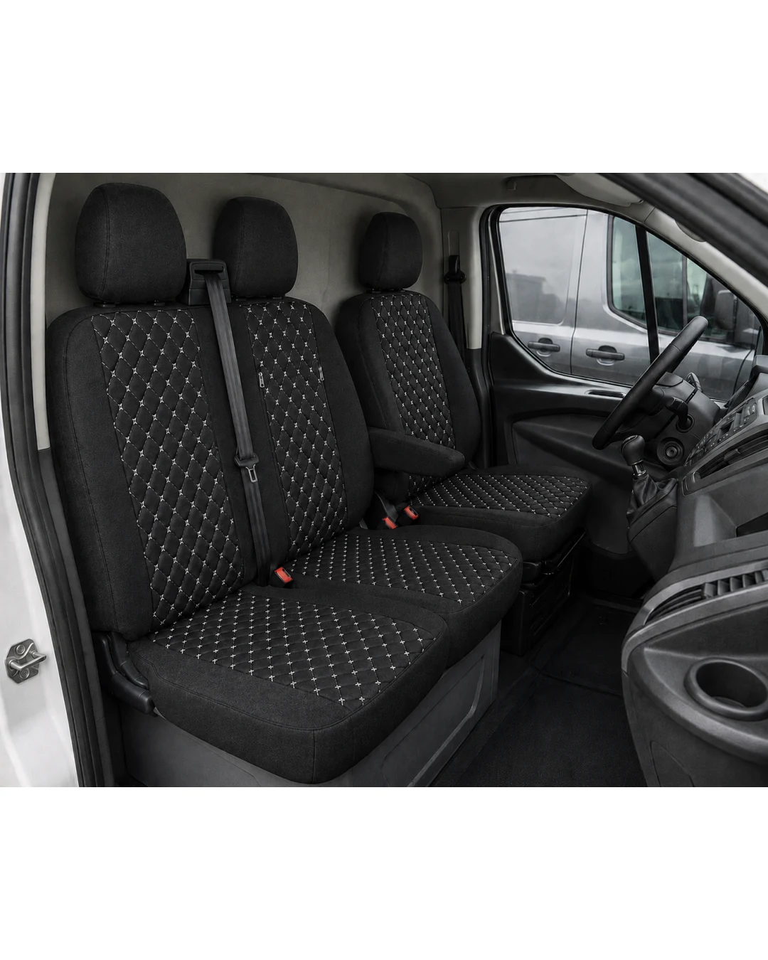 Комплект 2+1 Тапицерия за FORD TRANSIT CUSTOM 2009+ – Текстил, Черна с бял шев, 8 части