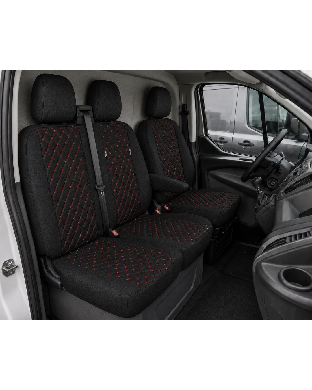 Комплект 2+1 Тапицерия за FORD TRANSIT CUSTOM 2009+ – Текстил, Черна с червен шев, 8 части