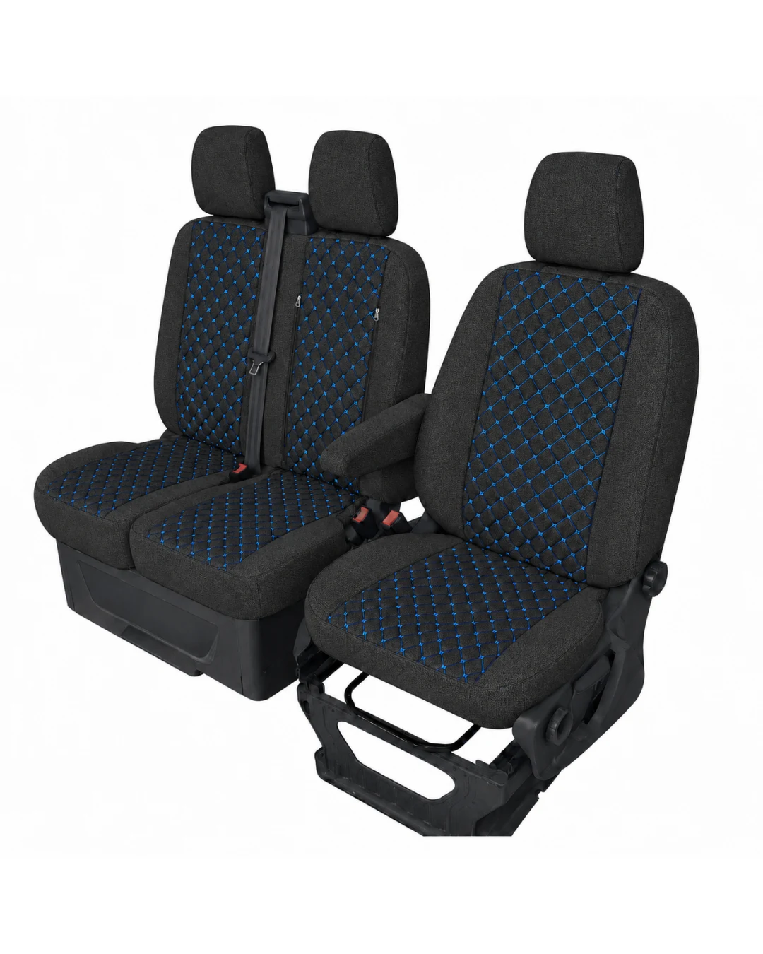 Комплект 2+1 Тапицерия за FORD TRANSIT CUSTOM 2009+ – Текстил, Черна със син шев, 8 части