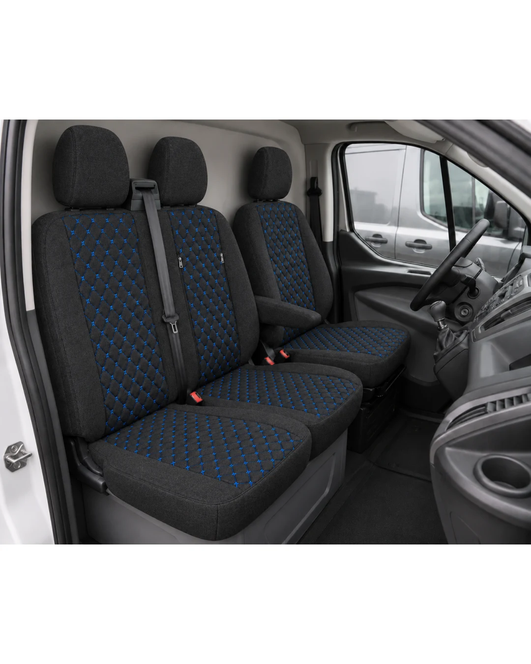 Комплект 2+1 Тапицерия за FORD TRANSIT CUSTOM 2009+ – Текстил, Черна със син шев, 8 части