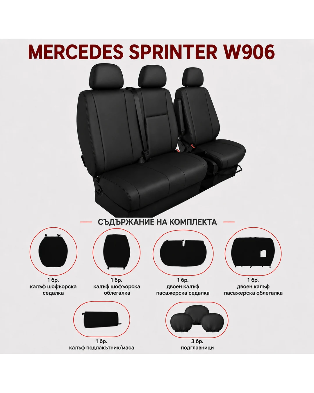 Комплект 2+1 Тапицерия за MERCEDES SPRINTER W906 2006-2018 – Еко кожа, Черна, 8 части